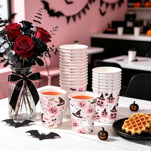 WRAPAHOLIC 9oz Pink Halloween Paper Cups - 48 PackGhost, Witch Hat, Pumpkin and Skull 4 Designs Disposable Cup, Coffee Cup, Hot/Cold Beverage Drinking Cups for Water Juice, Perfect for Halloween