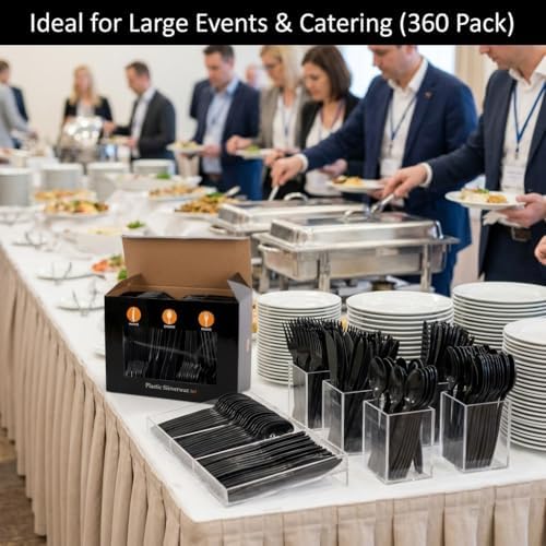 360Pcs Black Plastic Silverware Set, Disposable Forks Spoons Knives