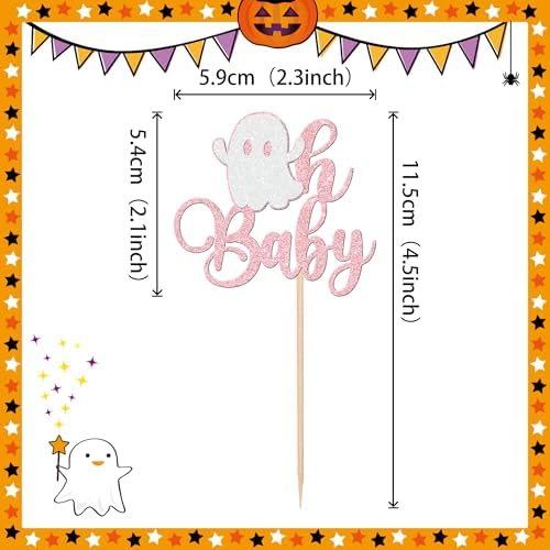 24 PCS Halloween Ghost Oh Baby Cupcake Toppers Glitter Halloween Baby Shower Cupcake Picks Little Boo Cupcake Topper for Halloween Baby Shower Birthday Party Cake Decorations Supplies Light Pink