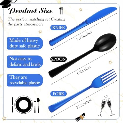 Minatee 180 Pcs Black and Blue Graduation Plastic Silverware Heavy Duty Cutlery Sets Disposable Utensils for Holiday Birthday Themed Party Supplies, 60 of Each Forks Knives Spoons