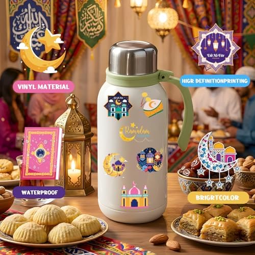 Xzentira 150PCS Ramadan Eid Stickers Islamic Mubarak Vinyl Crafts Decals for Ramadan Decorations Eid Gifts Adult Gift Packaging Laptop Bottle Scrapbook