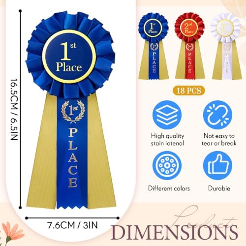 MTLEE Award Ribbons 1st 2nd 3rd Place Ribbon Participation Ribbon Rosette Winner Prize Ribbons First Second Third Medal for School Classroom Recognition 6.5 x 3 Inch (Red White Blue,18 Pcs)