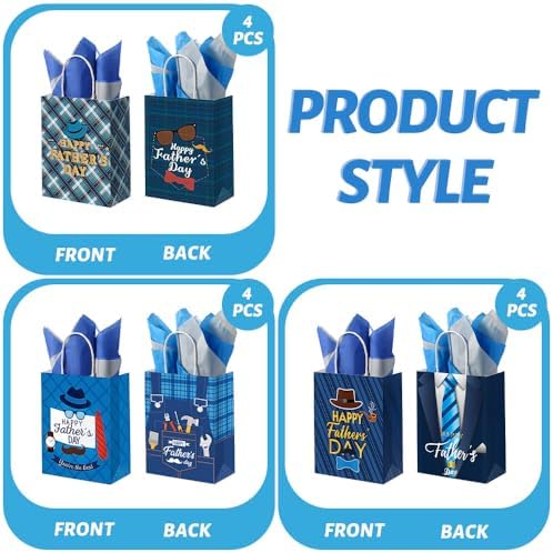 FCKLVMC 12 Pcs Fathers Day Gift Bags with Handle, Fathers Day Gift Bag with Decorative Paper for Men Father'S Day Birthday Party Decor Favor(8.27x6.3x3.15in)
