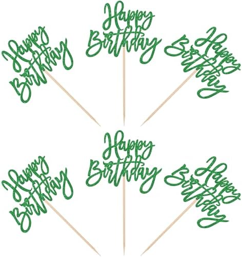 24 PCS Happy Birthday Cupcake Toppers Glitter Happy Birthday Cupcake Picks for Celebrating Anniversary Theme Party Cake Decorations Supplies Green