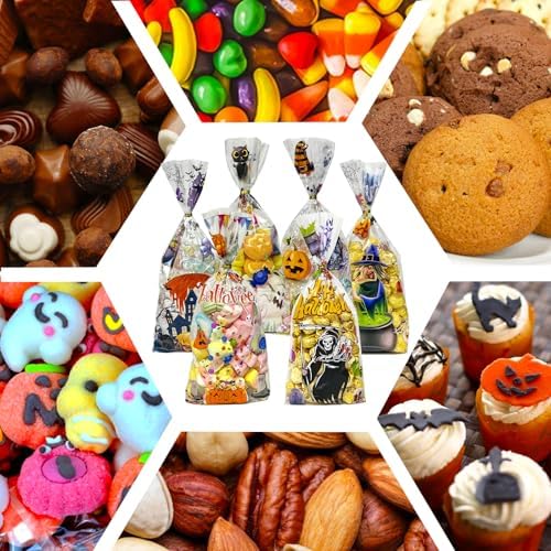 QOIUSO Halloween Cellophane Treat Bags: 54Pcs Clear Halloween Trick or Treat Goodie Bags with 60Pcs Twist for Candy Cookies Gifts Packaing, Kids Party Favor Bags (10.8 * 5.1in)