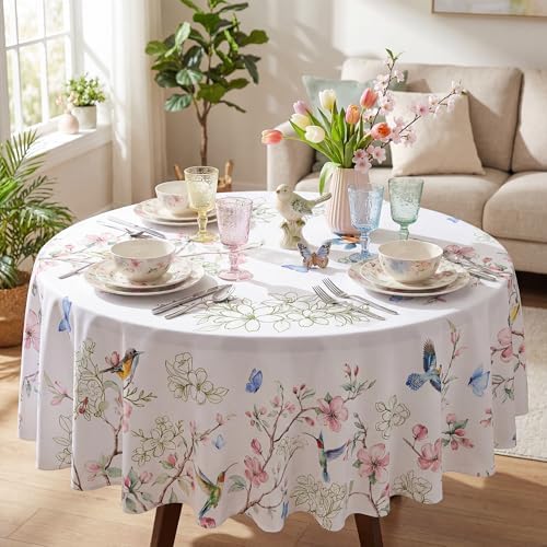 Spring Tablecloth Round 70 Inch, Spring Birds Branch Florals Decorations for Home Table Cloth Tablecloths Polyester for Picnic Party Dinner