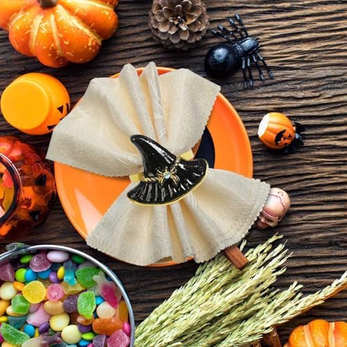 Halloween Napkin Rings Set of 6, Black Hat with Spider Napkin Rings Holders Metal Buckle Serviette for Halloween, Horror Theme Party, Autumn Holiday, Dining Table Decoration