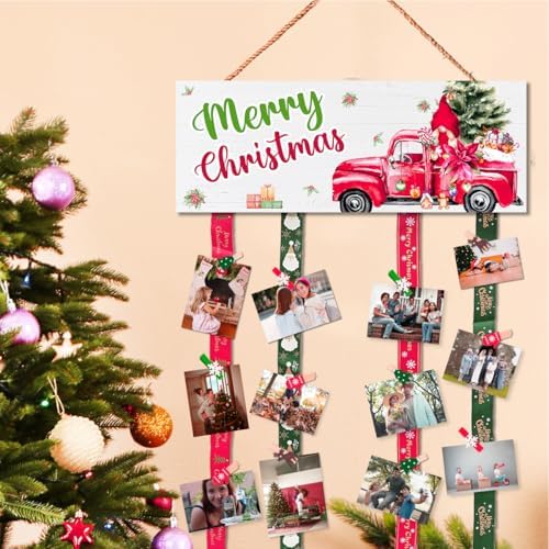 Christmas Card Holder,Christmas Hanging Sign Display,Tree Gift Card Holder,Merry Christmas Wooden Sign Picture Holder with 30 Clips for Xmas Home Party Holiday Wall Decor