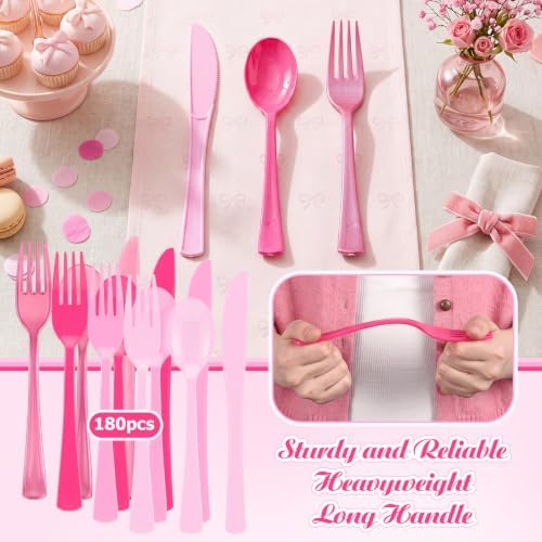 Minatee 180 Pcs Gradient Pink Plastic Silverware Heavy Duty Cutlery Sets Disposable Utensils for Holiday Birthday Themed Party Supplies, 60 of Each Forks Knives Spoons