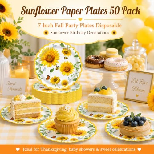 Sunflower Paper Plates 50 Pack 7 Inch Fall Party Plates Disposable