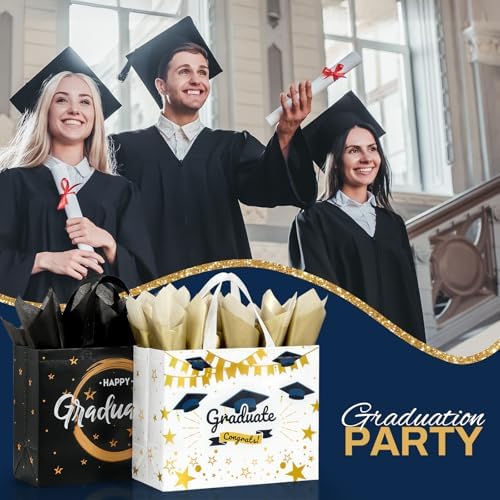 STYPOP 2 Pack 13" Large Graduation Gift Bags with Tissue Paper, Reusable Non-Woven Grad Bags with Handles, Best Graduation Gifts Class of 2026 College/High School / 8th Grade, 12.8"*10.2"*6.3"