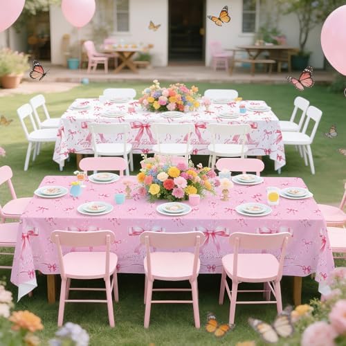 Gatherfun Pink Bow-Themed Party Supplies Set for Women: Happy Birthday & Bachelorette Decorations Combo - Includes 2 Disposable Tablecloths (54 x 108 inch) for Birthday & Tea Party Decorations