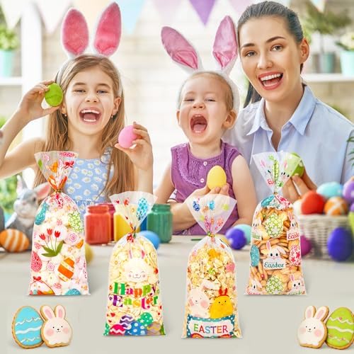 100 Pcs Easter Cellophane Treat Bags - 5 x 11 Inch Clear Easter Goodie Bags with 110 Gold Ties for Cookies, Snacks, Party Favors & Gift Packaging, 2.8 Mil Thick Plastic Easter Candy Bag for Kids