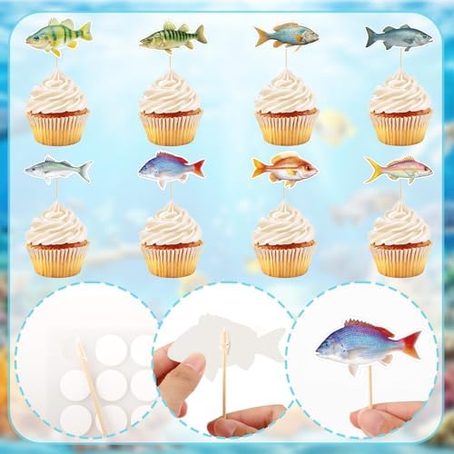 Hooqict 40Pcs Gone Fishing Cupcake Toppers Fish Birthday Cake Topper Decorations Cupcake Picks for Fishing Theme Party Decorations Baby Shower Summer Under The Sea Party Supplies