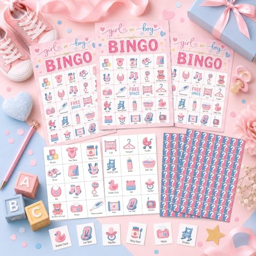 Baby Shower Bingo Game Cards, 24 Player Gender Reveal Party Game