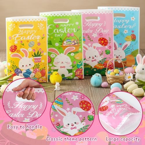 Easter Treat Bags, 50 PCS Easter Gift Bags with Handles, Plastic Happy Easter Day Cookie Goodie Candy Bag Easter Bunny Cute Spring Party Favor Bag for Easter Party Favors Supplies, 6.5x10 Inch