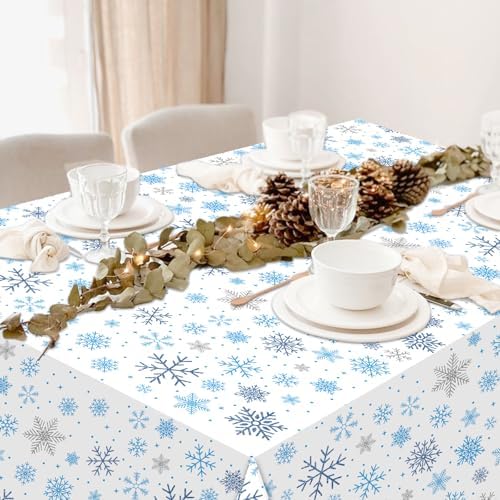 3-Piece 54 x 108 Inch Christmas Snowflake Plastic Tablecloth – Blue and White Disposable Rectangle Table Covers with Snowflake Design for Holiday Parties, Christmas Dinners, and Winter Celebrations