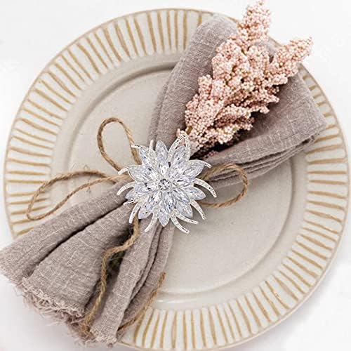 ZeeDix Christmas Flower Napkin Rings Set of 8, Silver Lotus Elegant Rhinestone Napkin Ring Serviette Buckles Holder for Wedding Birthday Christmas Holiday Party Home Kitchen Dinner Table Decoration