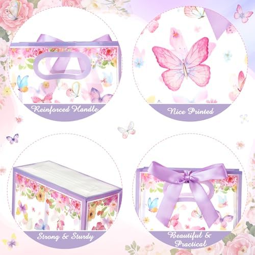 Capoda 24 Pack Butterfly Gift Bags with Handles Pink Purple Floral Party Favor Bags for Girls Birthday Reusable Plastic Goodie Bag Medium Treat Bag for Baby Shower Spring Garden Tea Party Supplies