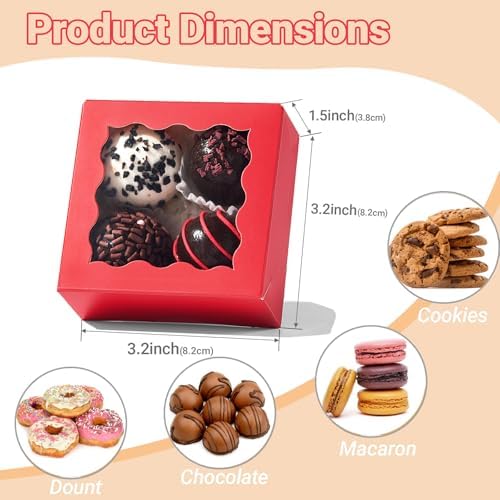 3.2x3.2x1.5 Inches 50PCS Mini Bakery Boxes with Window for Cookies, Soap, Chocolate Truffle, Donut, Macaron(Red)
