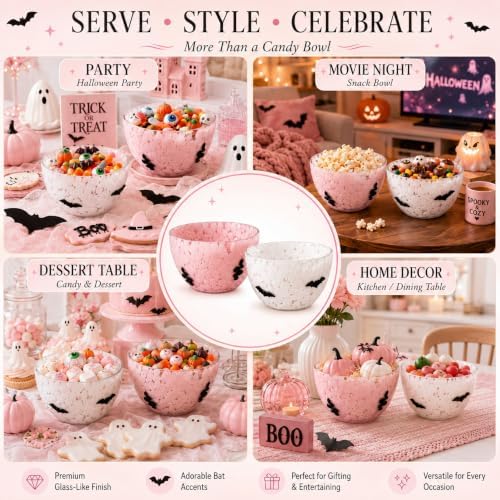 FoldTier 2 Pcs Halloween Icon Snack Bowl, 14oz Glass Candy Dessert Bowls with Snake and Bat Design, Double Old Fashioned Serving Bowls for Gifts Party Favors Table Decoration Supplies