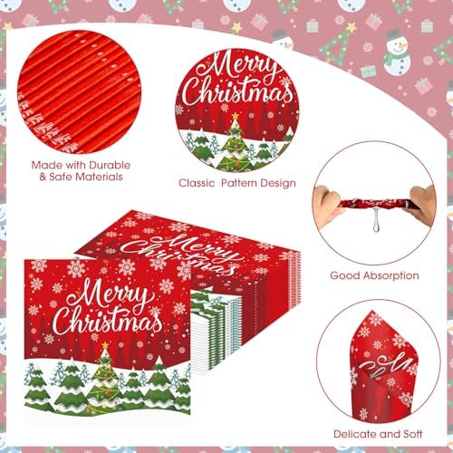 40 Pcs Merry Christmas Napkins - 13 Inch Christmas Cocktail Napkins Bulk, 3-Ply Red Disposable Xmas Tree Snowflakes Paper Hand Towels Tableware Set for Xmas Party Table Decorations Supplies Favors