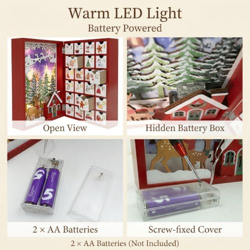 Lighted Wooden Christmas Advent Calendar Book, 24 Drawers