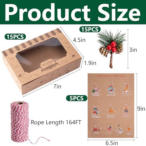 36 Pcs Christmas Cookies Box with Pine Picks,15 Pack Christmas Treat Boxes