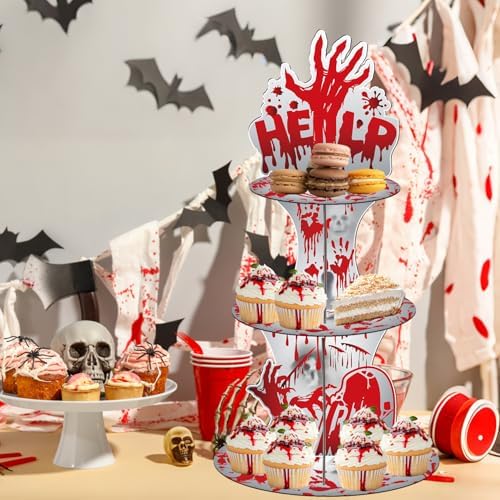 Keluna Halloween Bloody Birthday Party Decorations - 3 Tier Scary Bloody Help Handprint Cupcake Stand Horror Theme Party Supplies Dessert Tower Holder for Halloween Theme Table Decorations