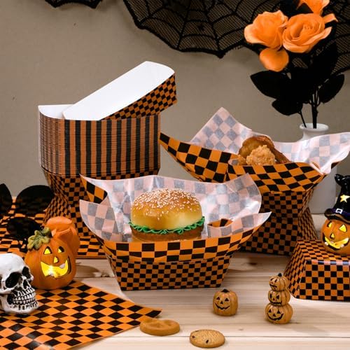 Geosar 100 Pcs Gingham Paper Food Tray with Wax Paper,Orange Black
