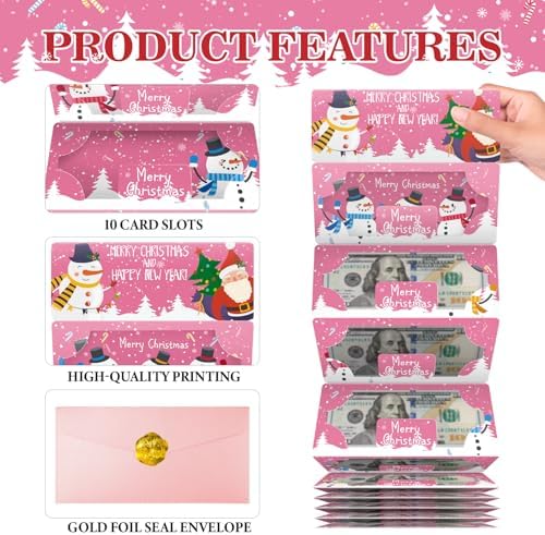Jaywayang Christmas Money or Gift Card Holder with 10 Slots, Surprise Cash Envelope Holders for Men Women Girls Boys (Pink)