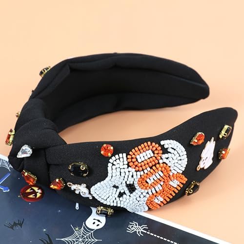 Halloween Boo Headband for Women Crystal Pearl Knotted Hairband Beaded Black Orange Wide Knot Headband for Girls Adult Halloween Spooky Ghost Accessories Outfits Gifts