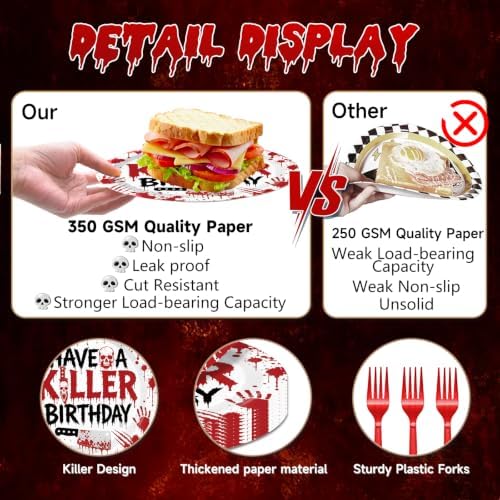 96 Pieces Have a Killer Birthday Plates and Napkins, Bloody Hand Disposable Tableware with Paper Plates Napkins and Forks for Halloween Party Supplies, Horror-Themed Birthday Decorations, Serves 24