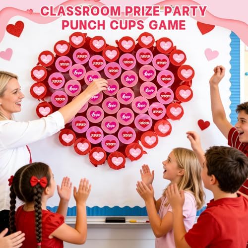 Valentines Games for Kids, 50 PACK Valentine's Punch Game DIY Gifts Party Favors Includes 50 Pcs 16oz Plastic Cups, 60 Sheets Tissues, 60 Stickers for School Activity Classroom Prizes Supplies