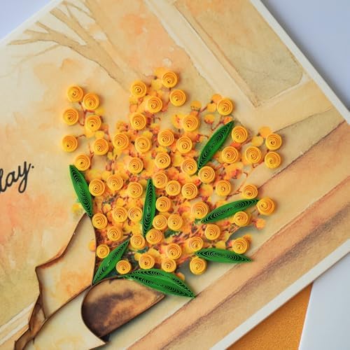Quilling Friendship Card with Envelope - Handmade Warm Mimosa Bouquet Autumn Window Letter - Quilled Card for Her, Friend, Wife - Thank You Greeting Card - Paper Quilling Art 5x7 Inch
