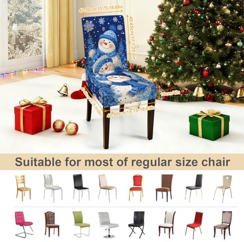 Snowman Chair Covers Set of 4, Stretchable Dining Chair Slipcovers with Snowflakes and Winter Trees for Christmas Holiday Decor