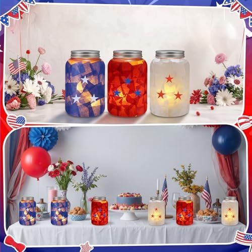 Qinyoung 12 Pcs Memorial Day Crafts Independence Day Mason Jars Craft with LED Candle Light DIY 250th Anniversary Patriotic 4th of July Decorations for Memorial Independence Projects Activity