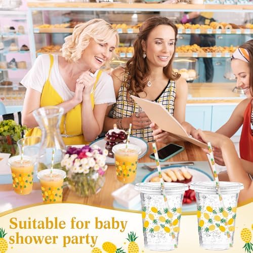 Funnymoom 50 Sets Pineapple Disposable Plastic Cups Bulk with Lids Straws 16 oz Hawaii Luau Clear Plastic Cups Yellow Fruit Themed Party Favors for Baby Shower Birthday Summer Tropical Party