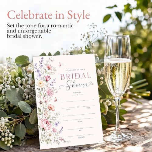 Bridal Shower Invitations, 25 Wildflower Bridal Shower Invites with Envelopes, 5x7 FLoral Wedding Invitation Cards for Bride to Be Engagement Party Supplies - A05