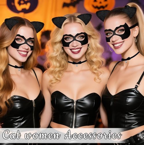 Voiiake Black Cat Ears Headband, Mask & Choker Set - Cat Costume Outfit Woman Adult Women, Halloween Costume Dress-Up Accessories for Party and Cosplay
