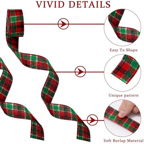Whaline 10 Rolls 50 Yards Christmas Burlap Ribbon Rolls 1 Inch Wired Plaid Wrapping Ribbons Xmas Decorative Ribbon for Wreath Bow Gift Decor