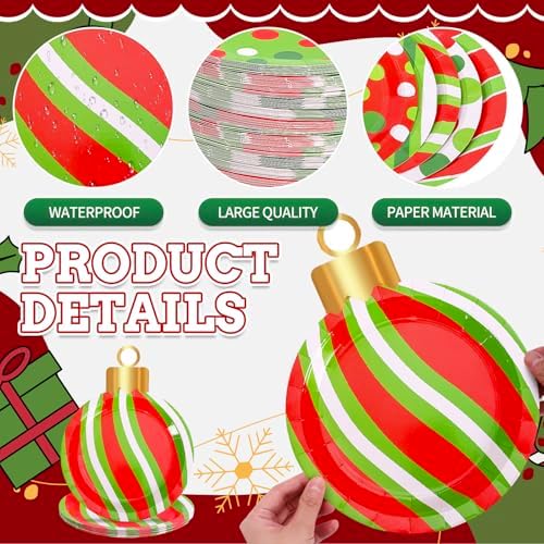 Whaline 60 Pcs Christmas Ball Paper Plates Dinner Plates 9 Inch Red Green Dots Stripe Christmas Ball Shape Disposable Plates for Xmas Winter Holiday Party Table Decor Supplies