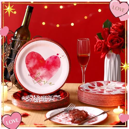 100 Pcs Valentine‘s Day Paper Plates 9 Inches Disposable Round Heart Plates for Valentine‘s Day Party Table Decor