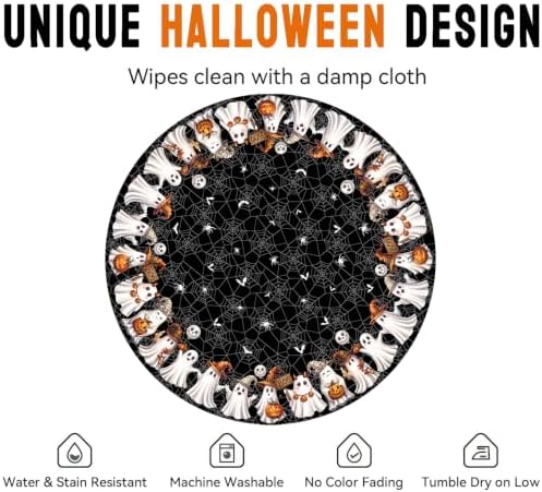 Black Halloween Tablecloth Round 90 Inch, Washable Fabric Spider Web Ghost Table Cloth Round Halloween Tablecloth Table Cover for Kitchen Dining Party