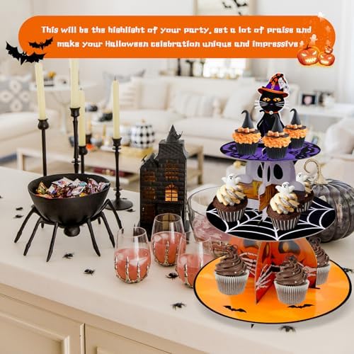 Halloween Cupcake Stand - 3 Tier Cupcake Tower Hhalloween Black Cat Pumpkin Ghost Decorations Dessert Holder for Table Display Party Decor