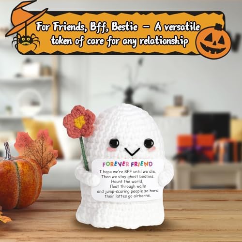 Best Friend for Women Friendship Ornaments - Handmade Crochet Ghost Decor with Funny Boo BFF Message Card, Halloween Stocking Stuffers, Cute Birthday Gift for Bestie Soul Sister