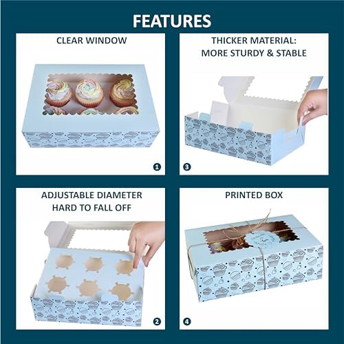 Cupcake and Muffin Boxes (Pack of 20), Fits 6 Treats comes with Insert trays, Tags and Twine (Blue)