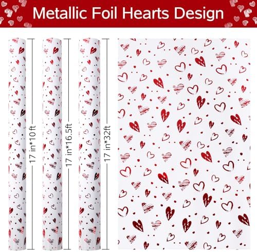 Foil Hearts Wrapping Paper Roll, Sliver Red Heart Mini Roll 17inx16.5ft-Luxury Gift Wrap for Valentine's Day,Anniversary, Mom's Mother Birthday, Wedding Party Bridal, Holiday,Wife,Girlfriend,Women