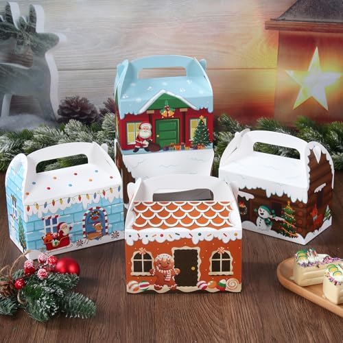 Patimate 24 pcs 4 Style Christmas Cookie Boxes for Gift Giving with Handles