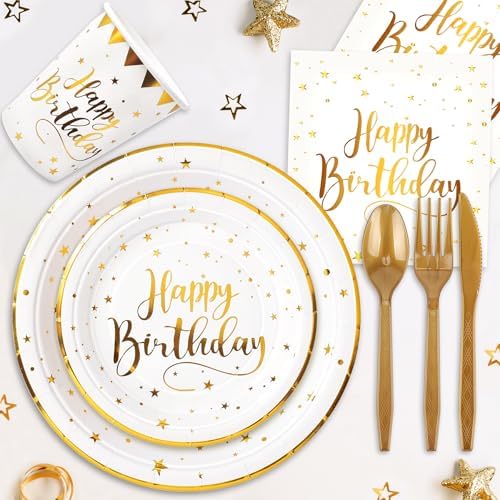 White and Gold Happy Birthday Party Plates, 168PCS Birthday Party Supplies
